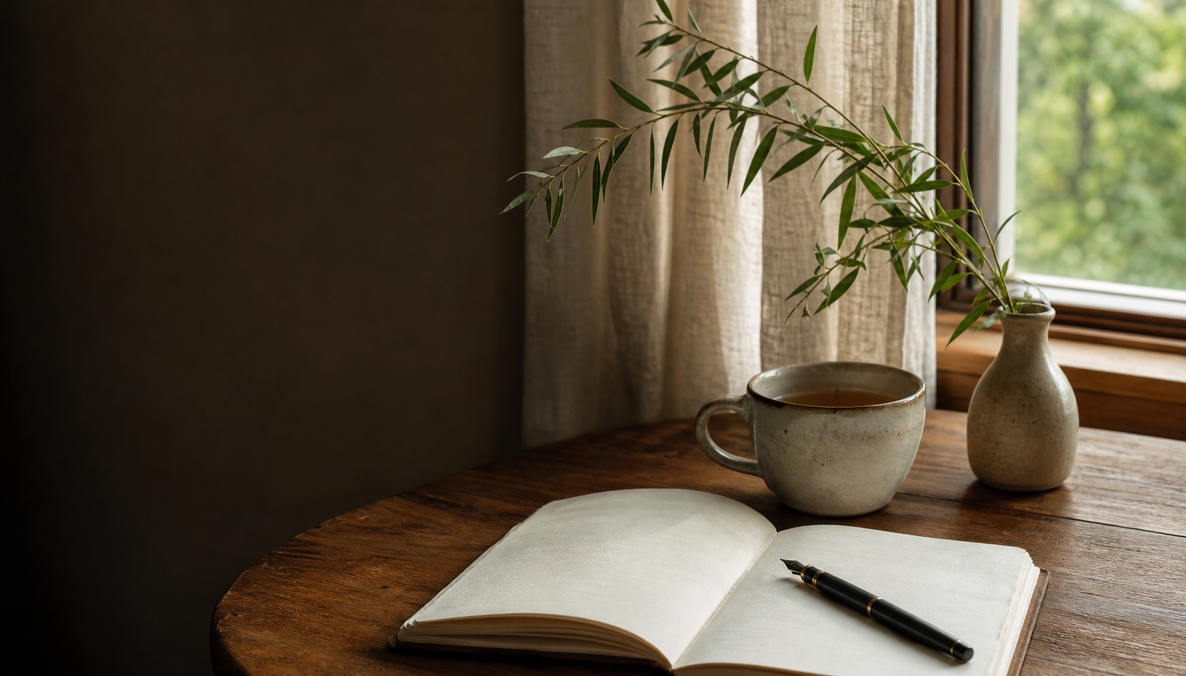Morning light through linen curtains, with a ceramic mug of tea, an open journal, and a willow branch in a vase.